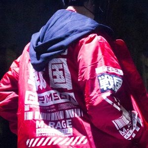 Bright red anime cosplay Japanese inspired flight jacket by M Rage